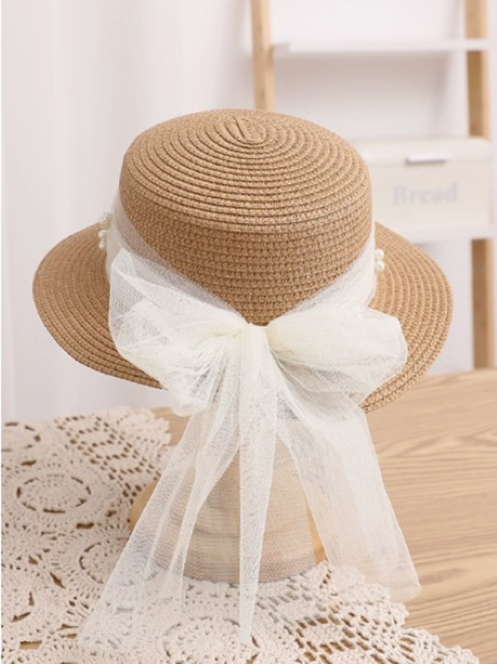 Girls' Tan Straw Sun Hat with Cream Bow